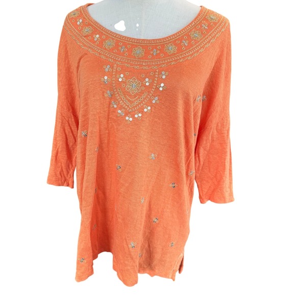 J. Jill Tops - J. Jill Love Linen Orange Embroidered Sequin Top Womens Medium 3/4 Sleeve Tee